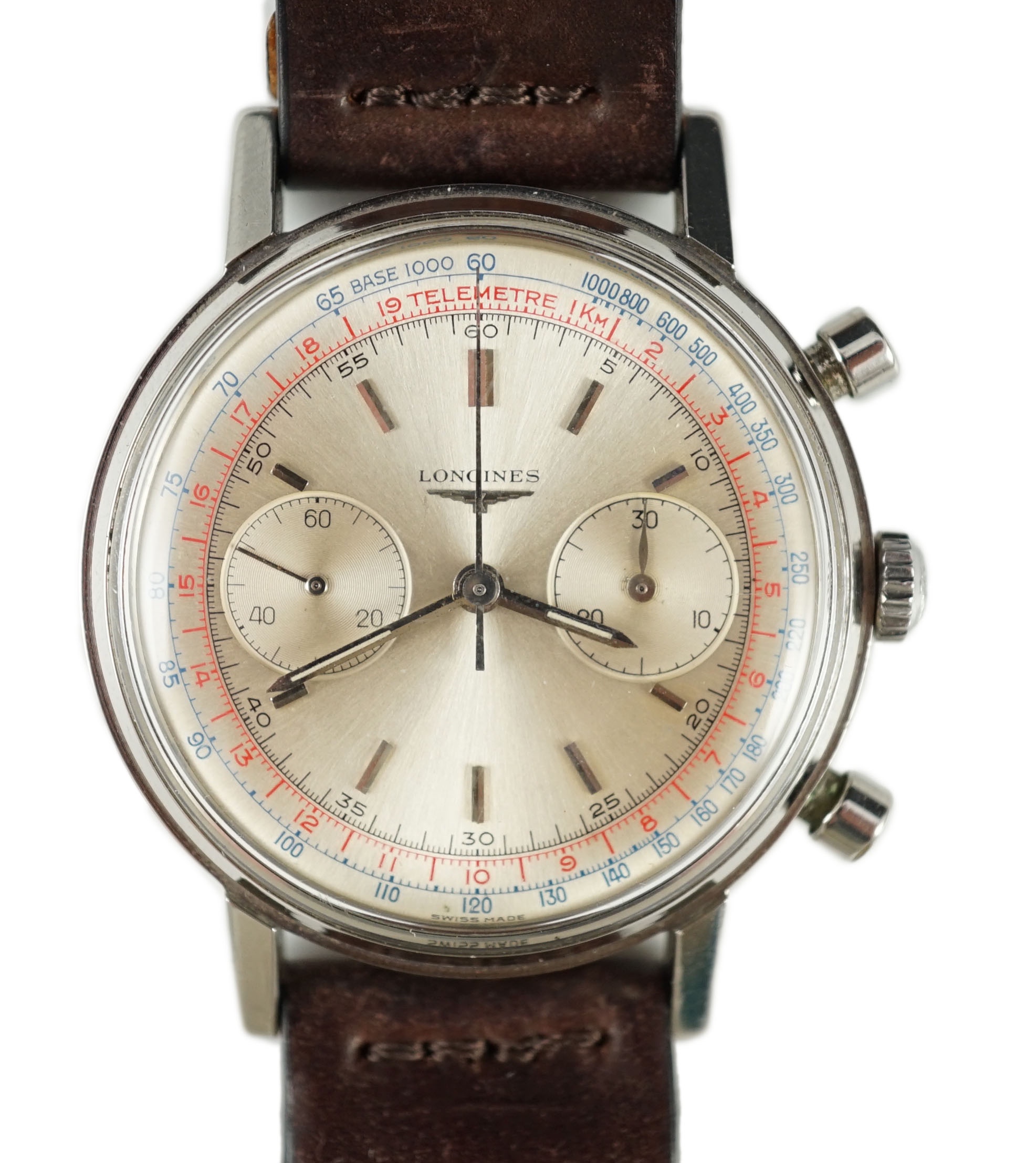 A gentleman's rare late 1960's stainless steel Longines Flyback manual wind chronograph wrist watch, ref. 7413, serial number 15,612,614, movement c.530 (also called 30CH)